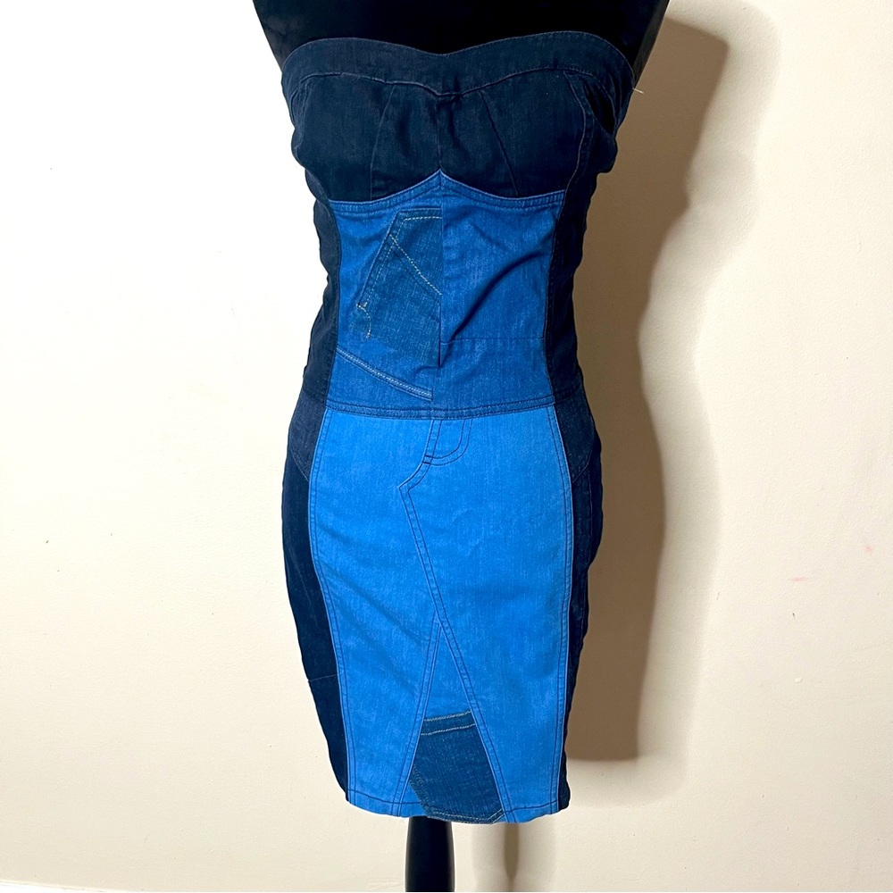 Next Women’s Blue Denim Patchwork Strapless Mini Dress Sz 10